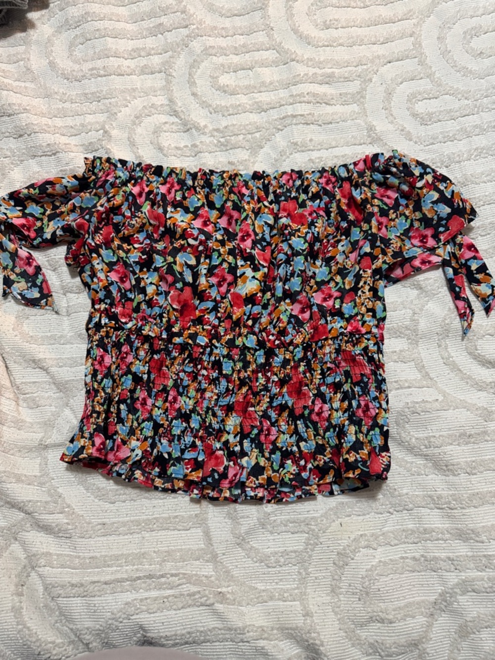 Zara Black Off-Shoulder Floral Top with Pink & Blue Blooms